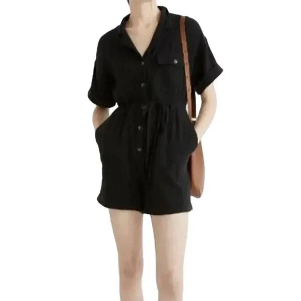 Madewell Lightspun Belted Safari Black Romper Cotton Minimalist Boho Size M